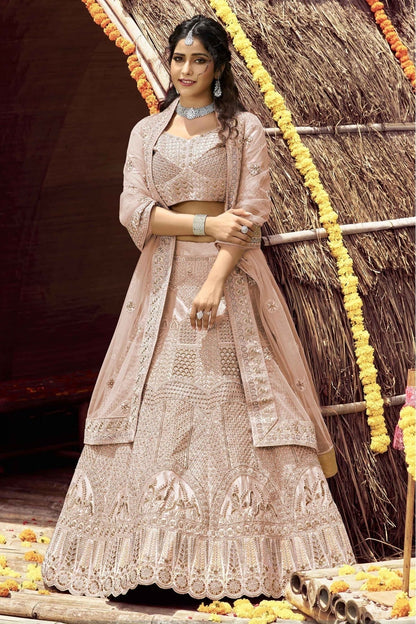 Peach Colour Velvet Resham Work Lehenga Choli LC1080131