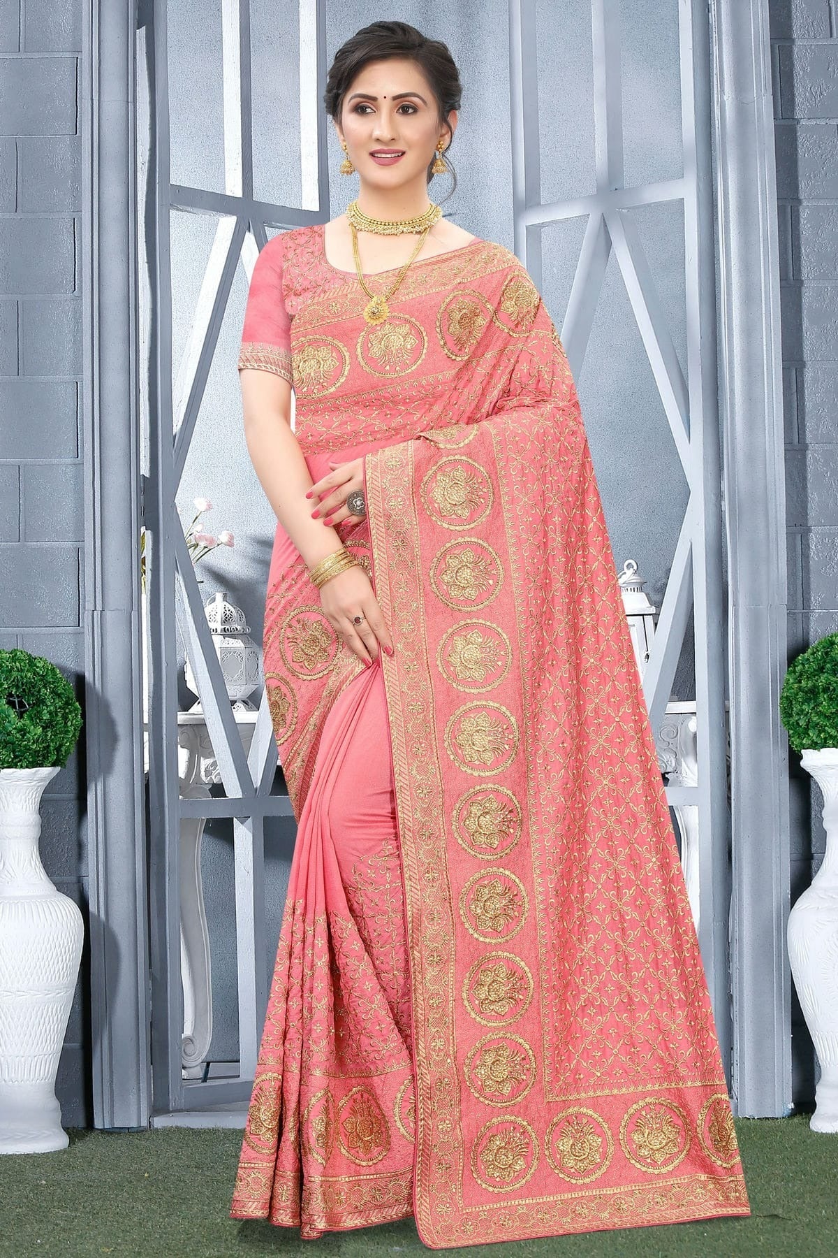 Peach Colour Vichitra Bloming Silk Designer Saree SD1091070