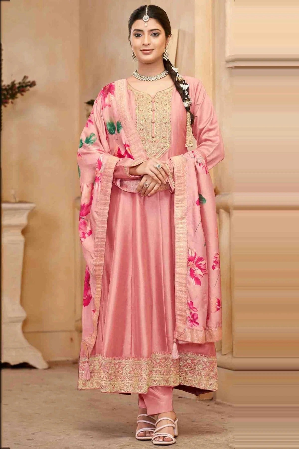 Peach Colour Vichitra Silk Anarkali Suit SM1112949