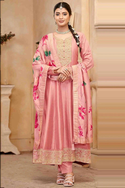 Peach Colour Vichitra Silk Anarkali Suit SM1112949