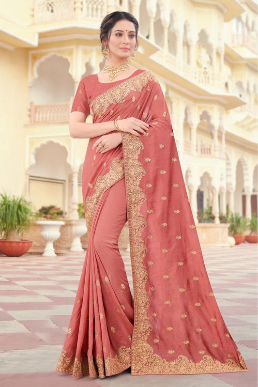 Peach Colour Vichitra Silk Resham Work Saree SD1090429