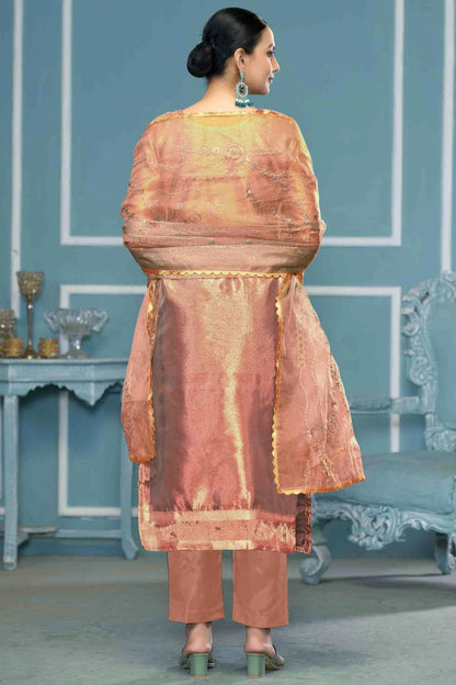 Peach Colour Viscose Organza Pant Style Suit SM1113194 A