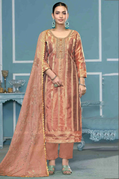 Peach Colour Viscose Organza Pant Style Suit SM1113194