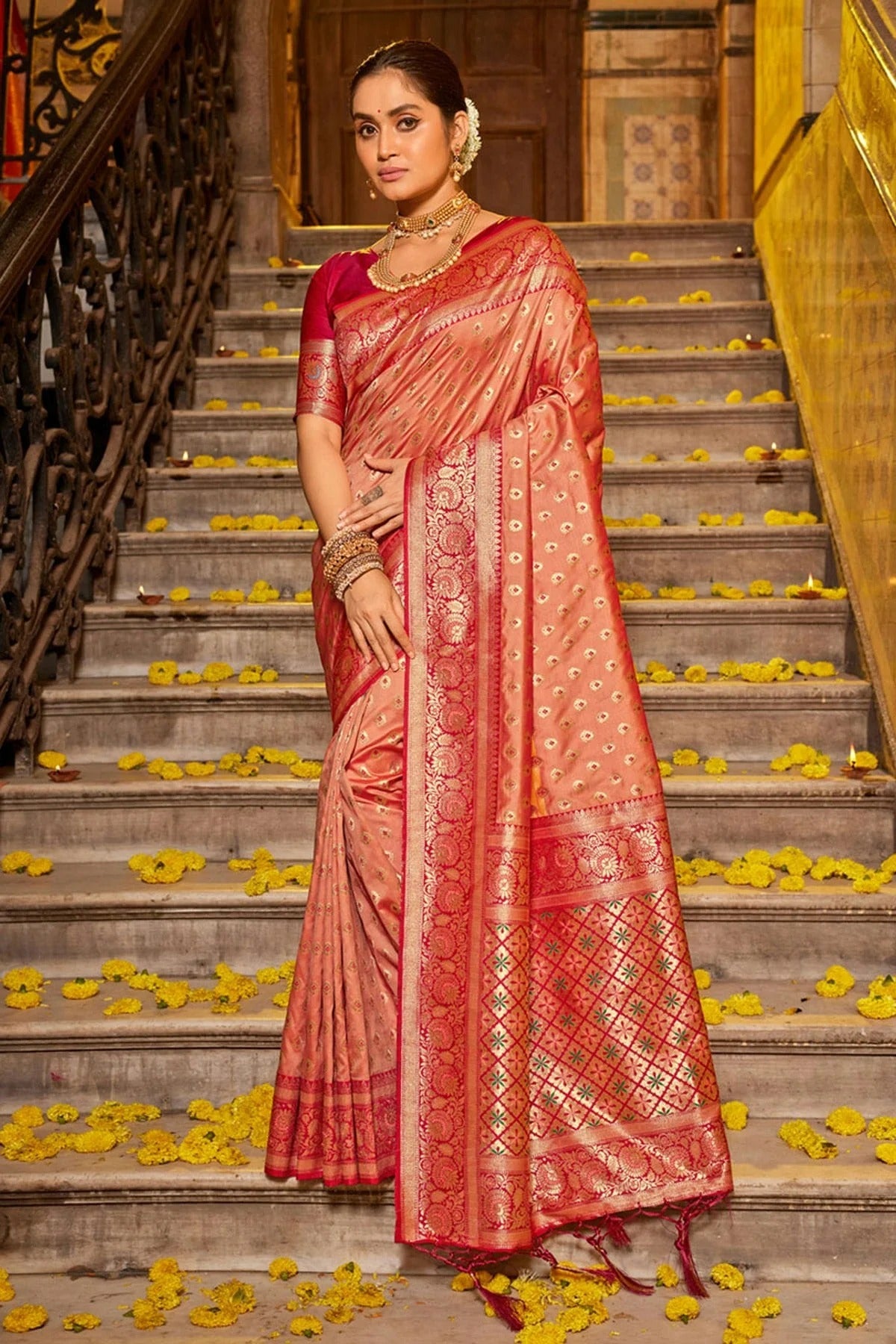 Peach Colour Woven Work Banarasi Silk Saree SD1101504
