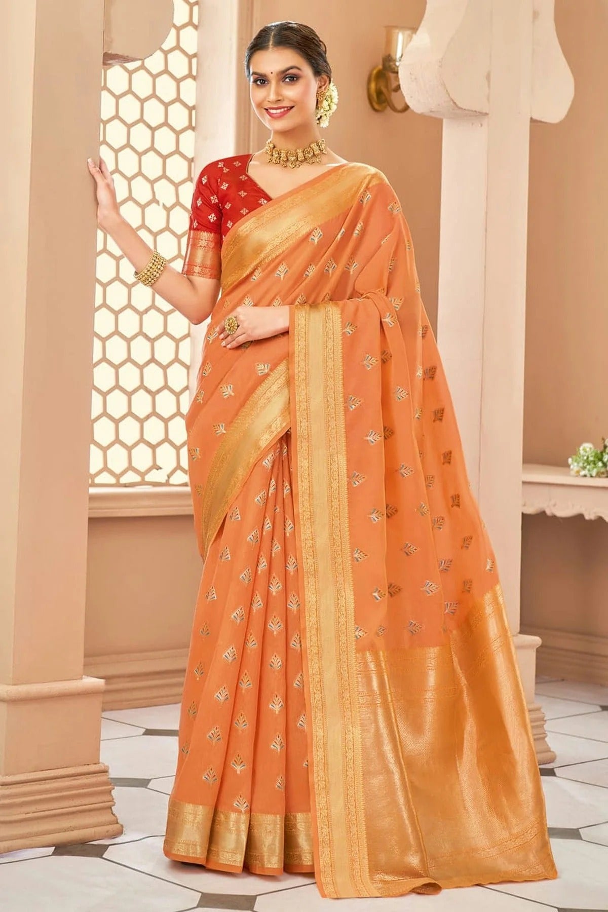 Peach Colour Woven Work Cotton Saree SD1101336