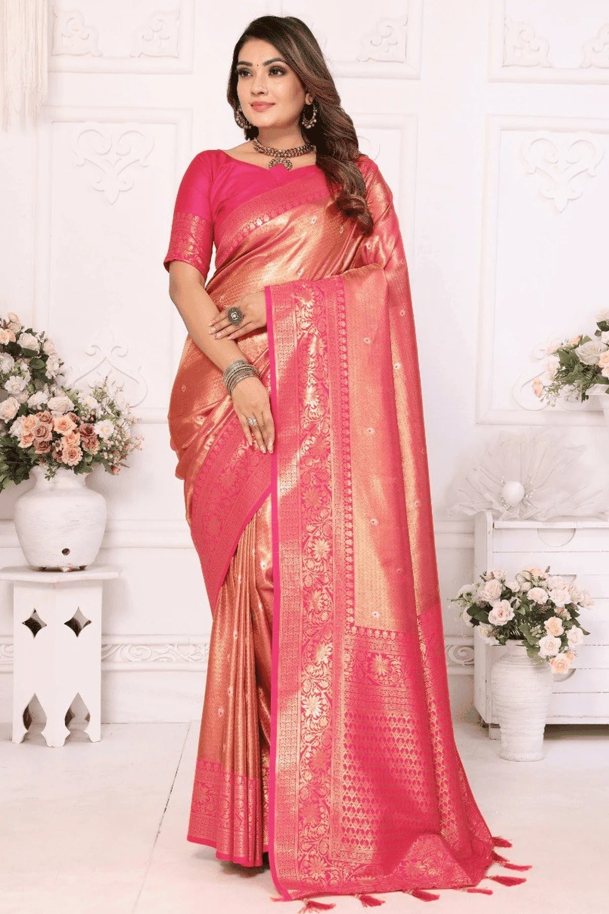Peach Colour Woven Work Pure Banarasi Tissue Silk Traditional Saree SD1250249