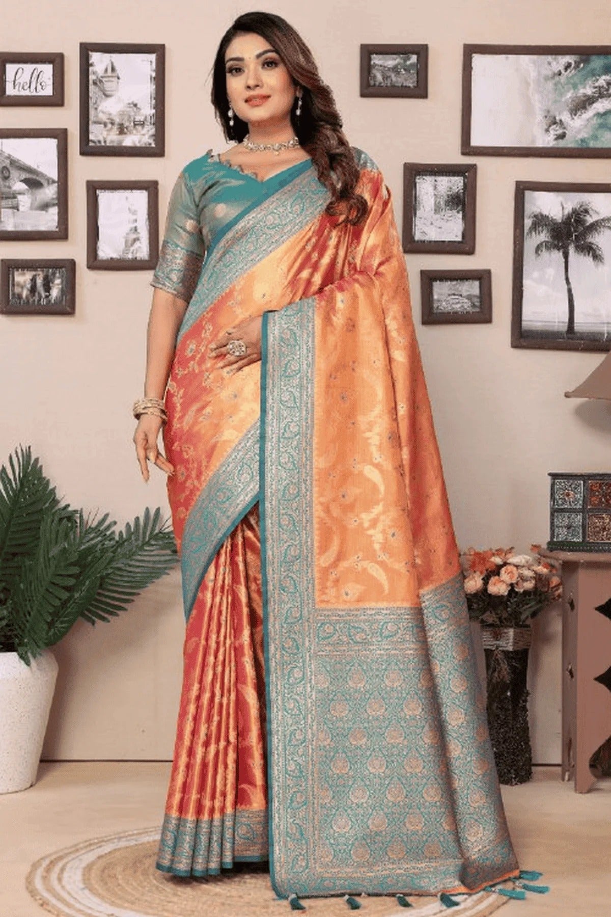 Peach Colour Woven Work Pure Banarasi Tissue Silk Traditional Saree SD1250257