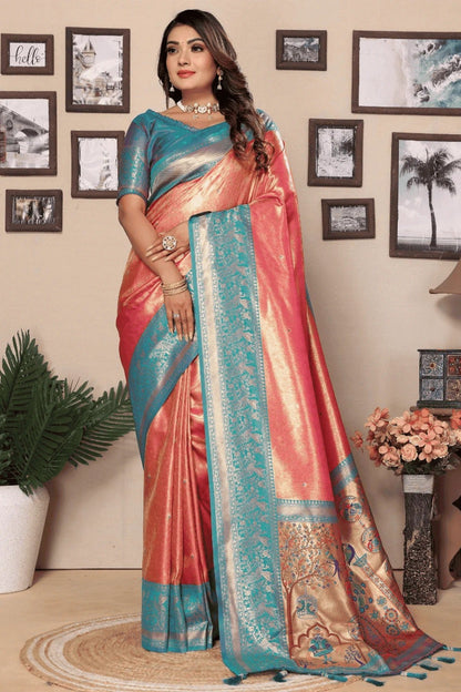 Peach Colour Woven Work Pure Banarasi Tissue Silk Traditional Saree SD1250306