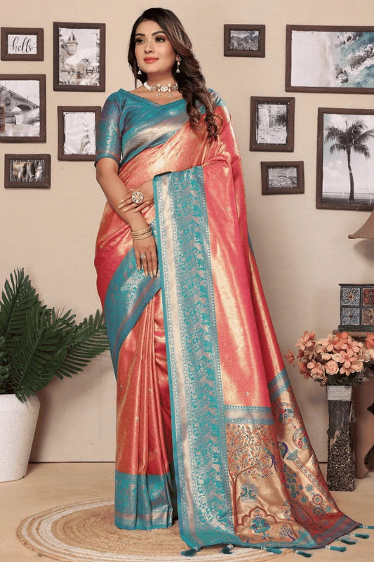 Peach Colour Woven Work Pure Banarasi Tissue Silk Traditional Saree SD1250306