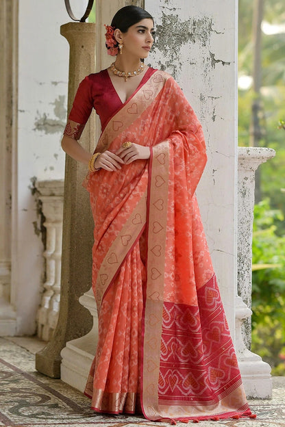 Peach Colour Woven Work Raw Silk Saree SD1260037