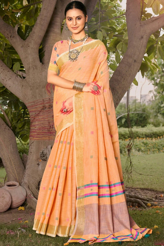 Peach Colour Zari Work Cotton Saree SD1102321