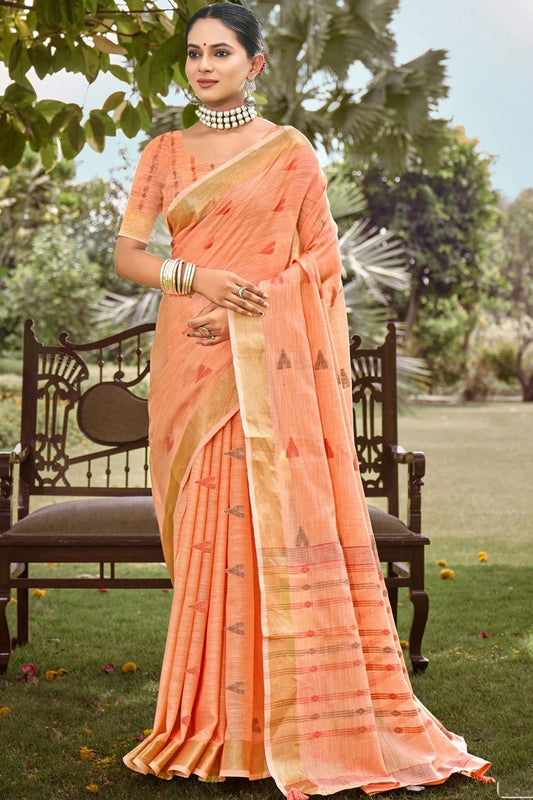 Peach Colour Zari Work Cotton Saree SD1102329