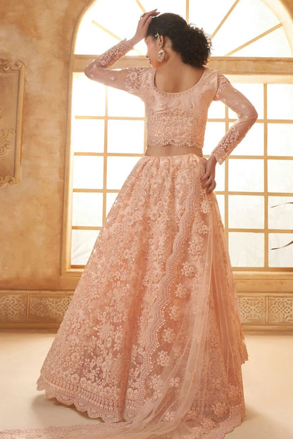 Peach Embroidery Net and SilK Lehenga Choli LC1290138 A