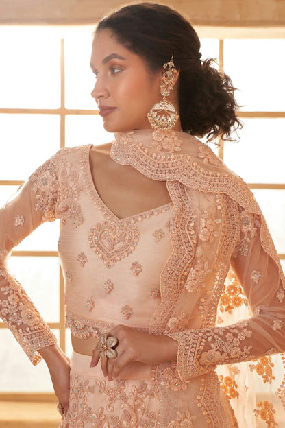 Peach Embroidery Net and SilK Lehenga Choli LC1290138 B