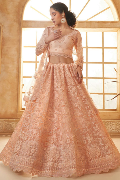 Peach Embroidery Net and SilK Lehenga Choli LC1290138