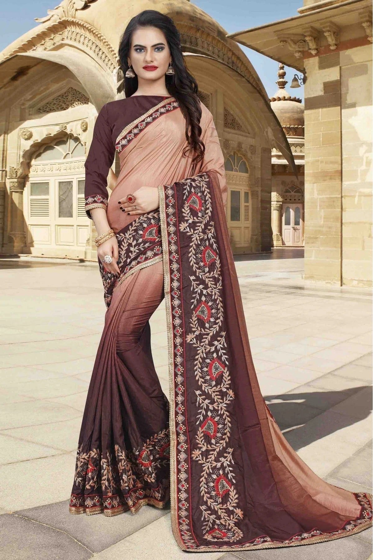 Peach and Brown Colour Dola Silk Designer Saree SD1120550