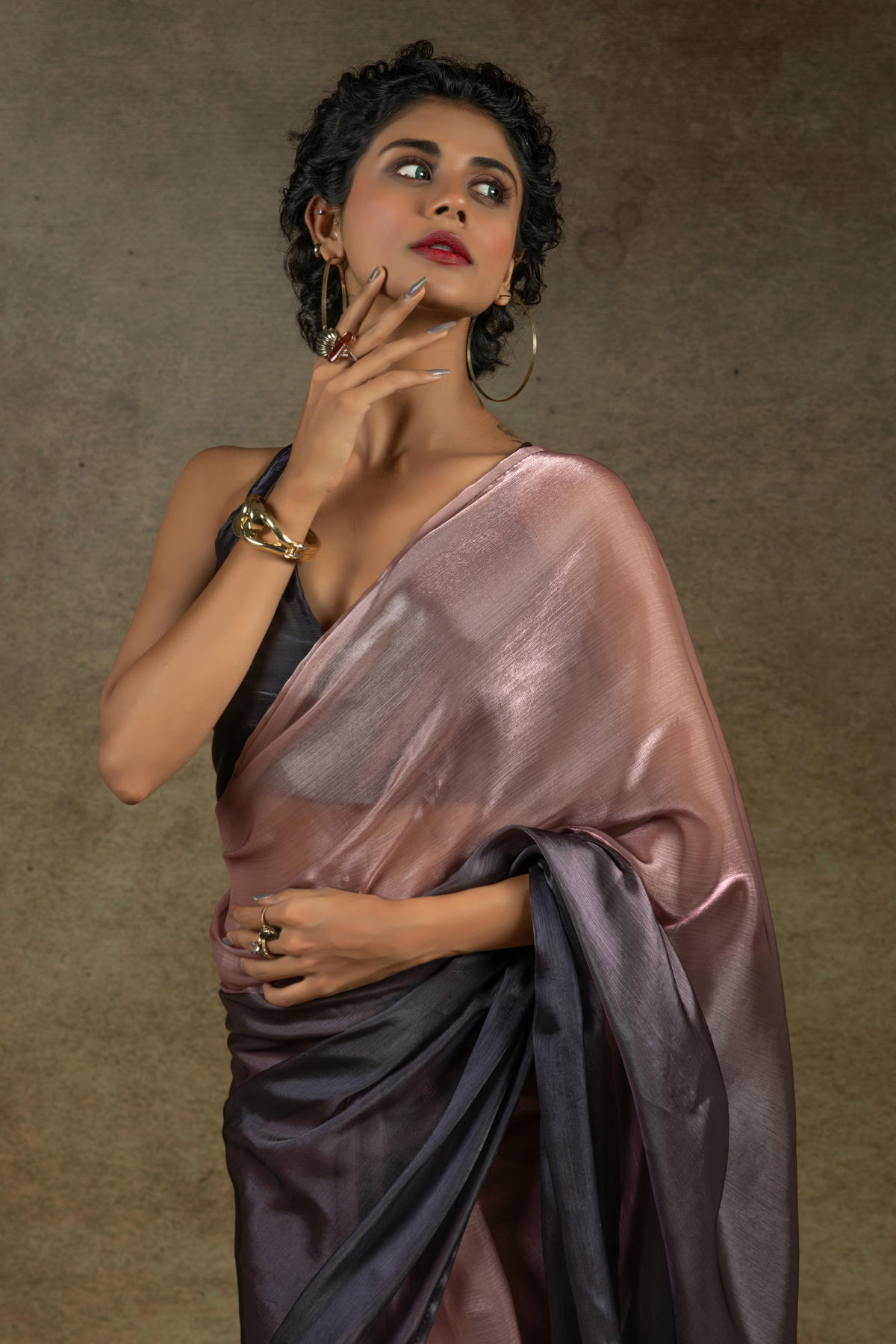 Peach and Coffiee Colour Fendi Satin Silk Ready To Wear Saree