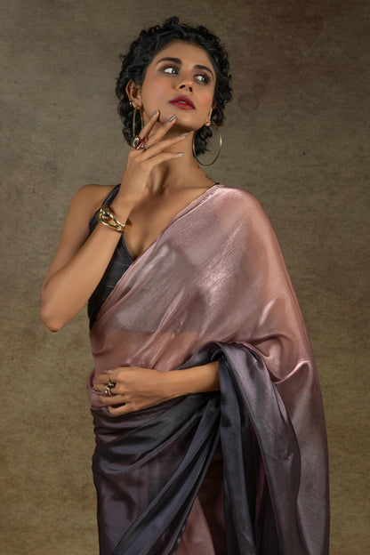 Peach and Coffiee Colour Fendi Satin Silk Ready To Wear Saree