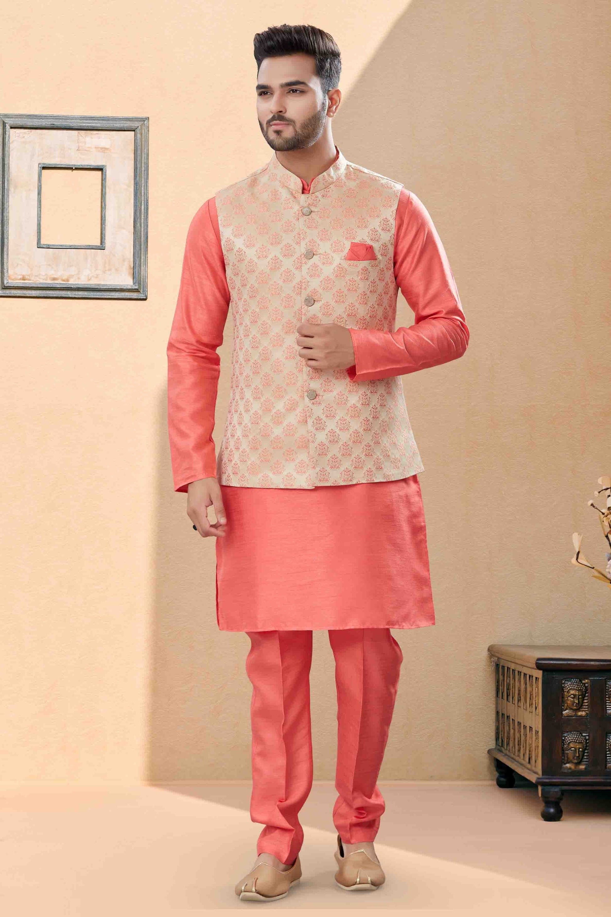 Peach and Cream Colour Kurta Pajama With Jacket In Silk Dupion Fabric KP1040453