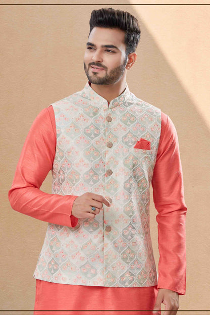 Peach and Cream Colour Kurta Pajama With Jacket In Silk Dupion Fabric KP1040455 A