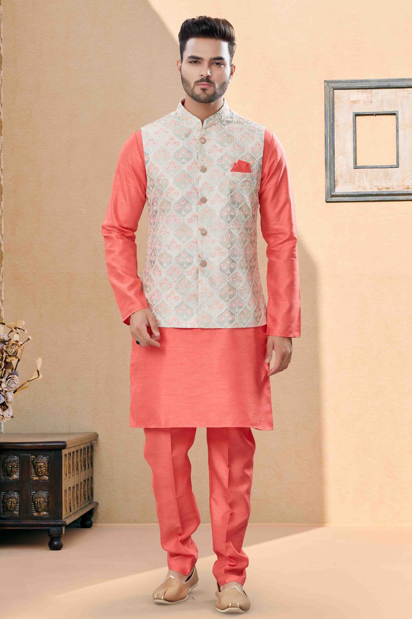 Peach and Cream Colour Kurta Pajama With Jacket In Silk Dupion Fabric KP1040455