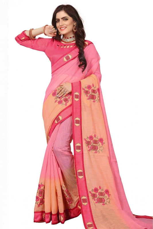 Peach and Pink Colour Art Silk Embroidery Saree SD1120133