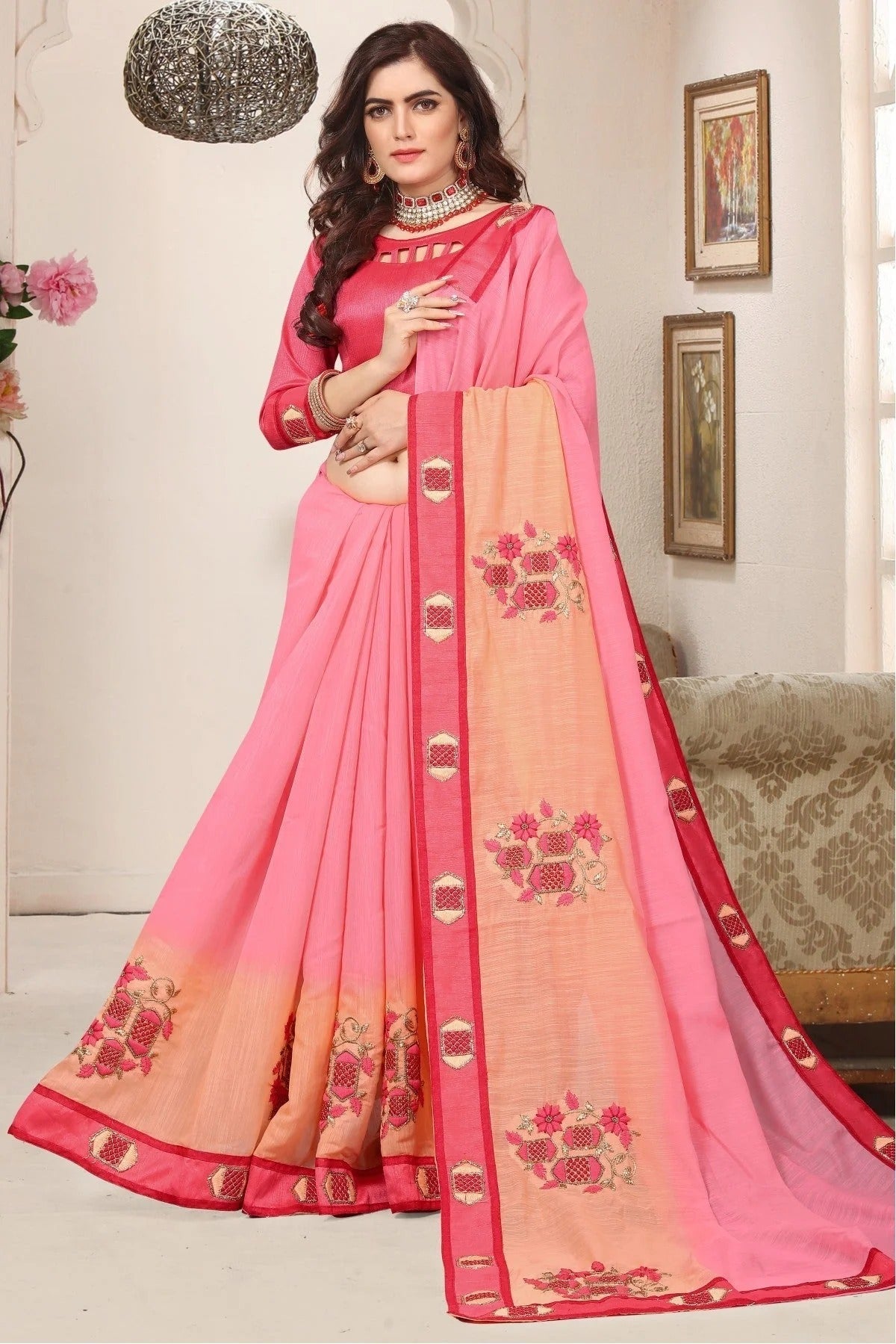Peach and Pink Colour Cotton Silk Designer Saree SD1120471 A