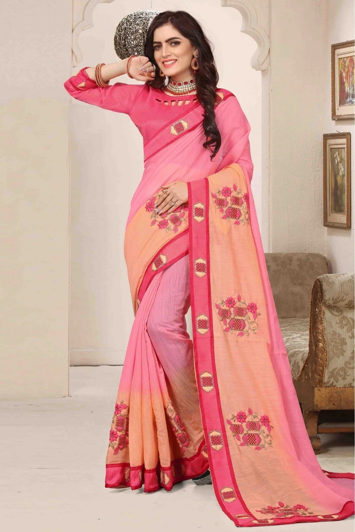 Peach and Pink Colour Cotton Silk Designer Saree SD1120471
