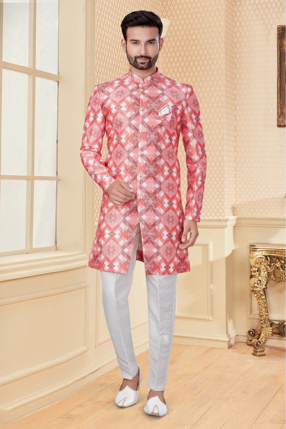 Peach and Pink Colour Jacquard Sherwani SH1040255