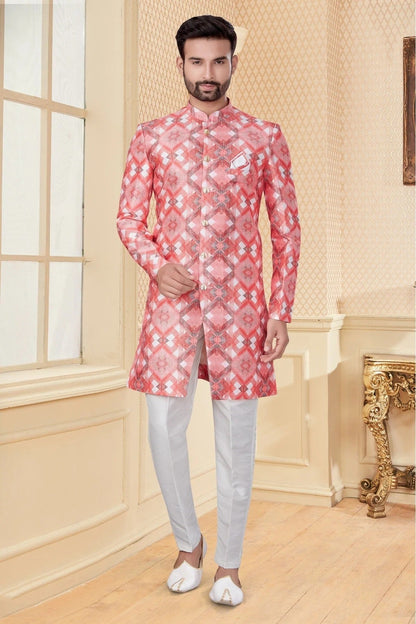 Peach and Pink Colour Jacquard Sherwani SH1040255