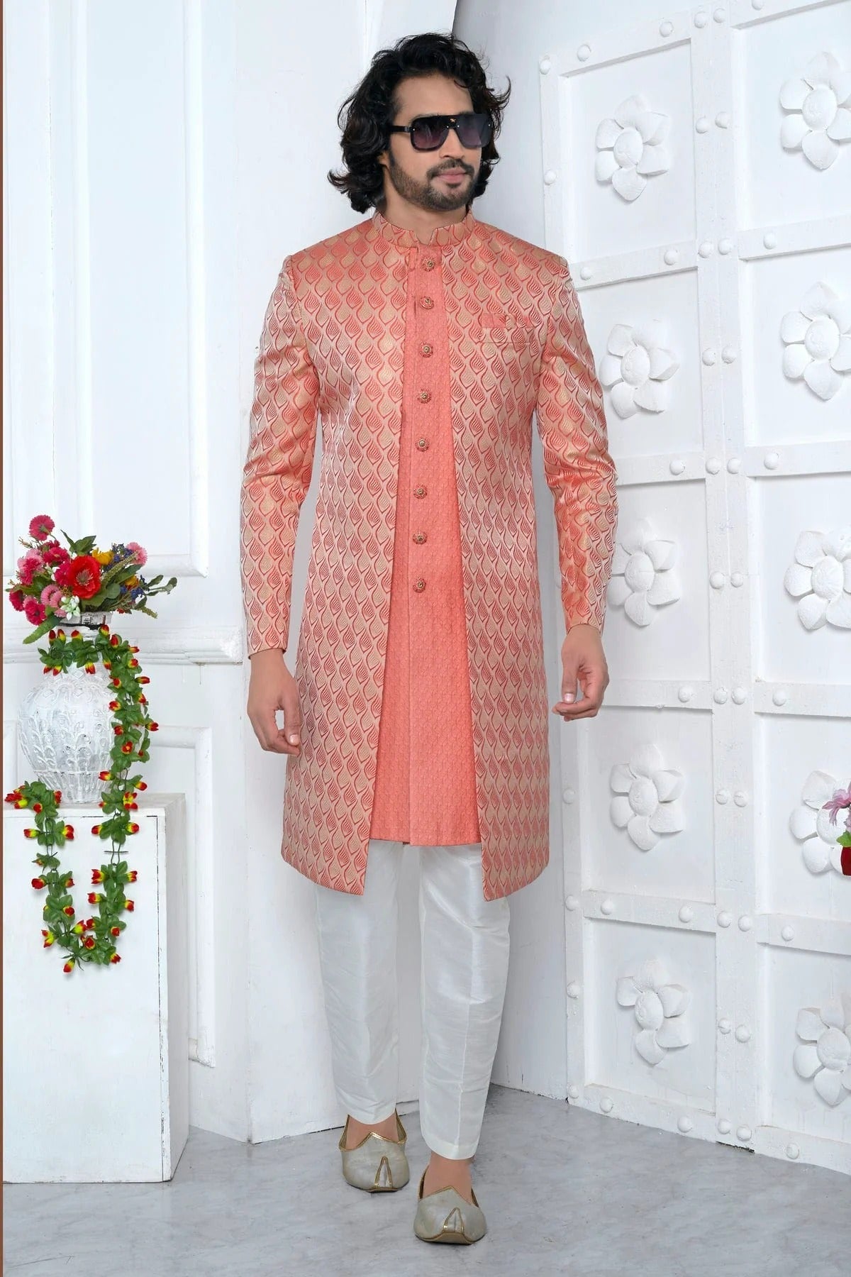 Peach and Pink Colour Jacquard Silk Indowestern Sherwani With Aligadhi Pant SH1230031 A