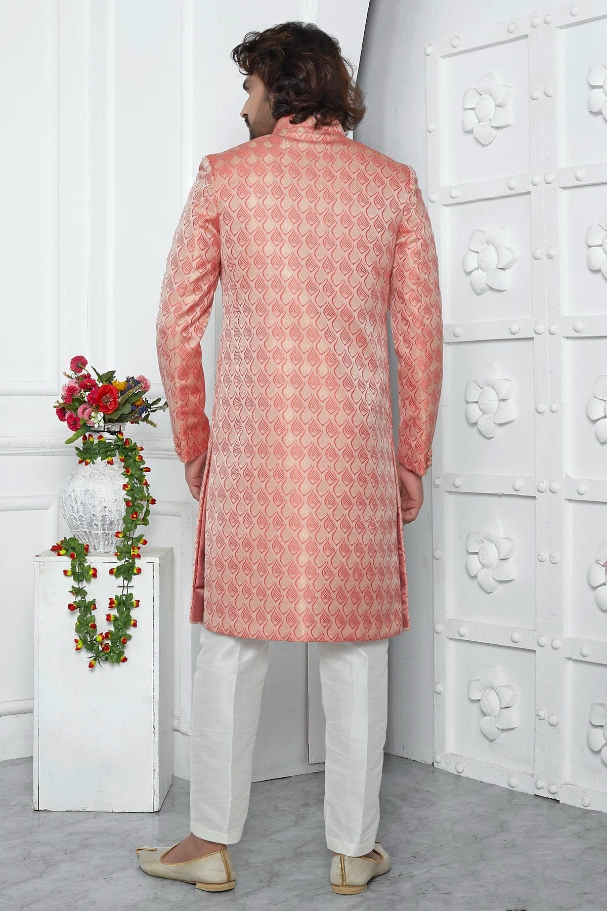 Peach and Pink Colour Jacquard Silk Indowestern Sherwani With Aligadhi Pant SH1230031 B