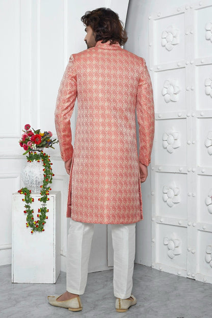 Peach and Pink Colour Jacquard Silk Indowestern Sherwani With Aligadhi Pant SH1230031 B