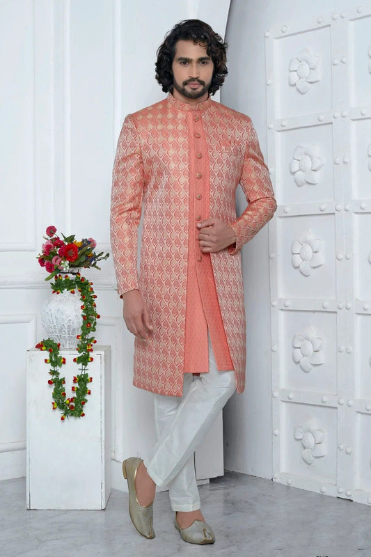 Peach and Pink Colour Jacquard Silk Indowestern Sherwani With Aligadhi Pant SH1230031
