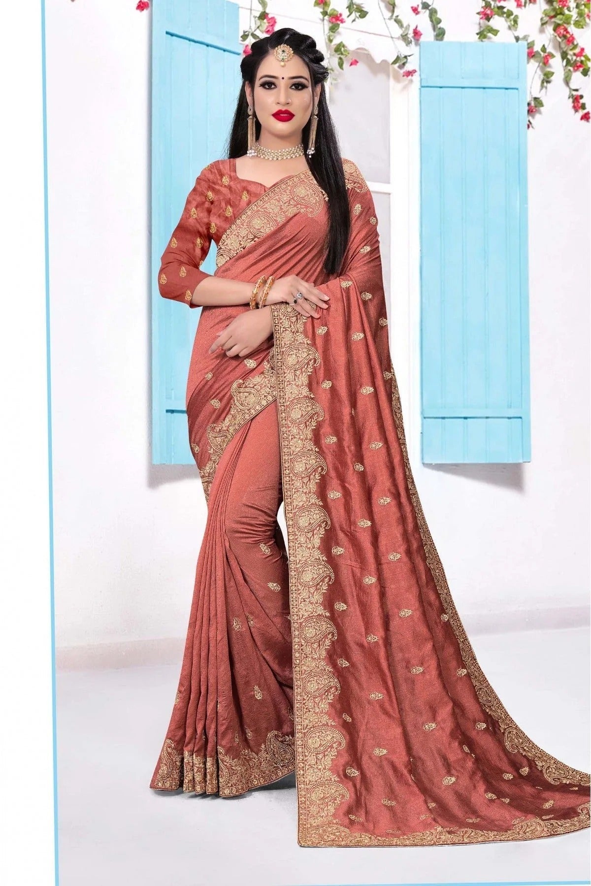 Peach and Pink Colour Vichitra Silk Embroidery Saree SD1090149