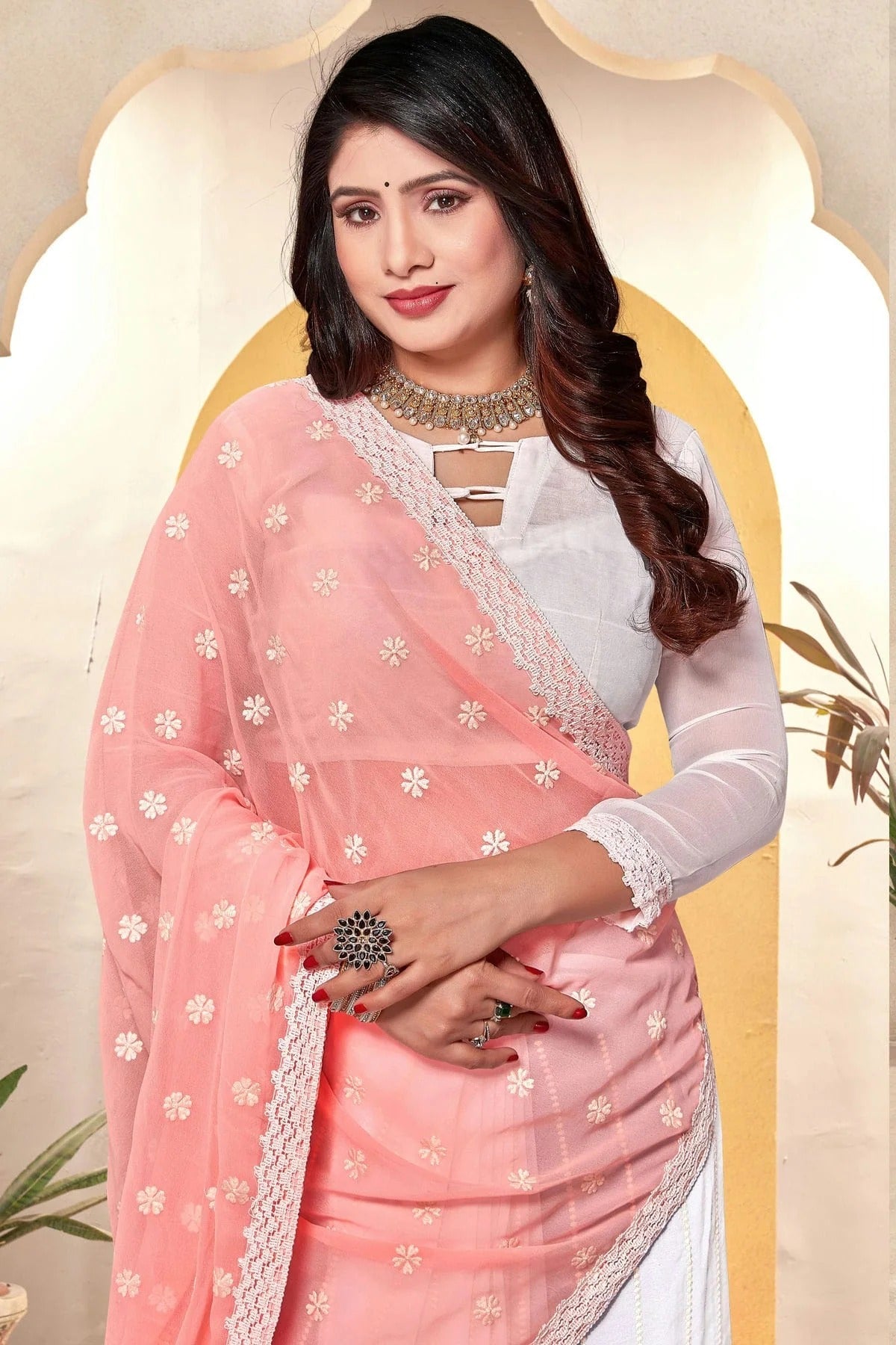 Peach and White Colour Georgette Half N Half Saree SD1091063 A