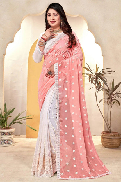 Peach and White Colour Georgette Half N Half Saree SD1091063