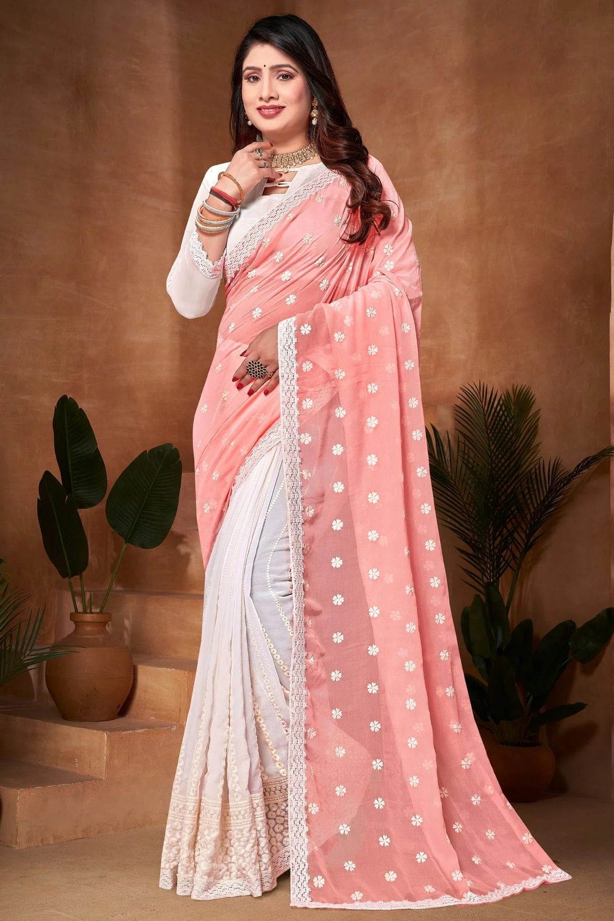 Peach and White Colour Georgette Half N Half Saree SD1091189