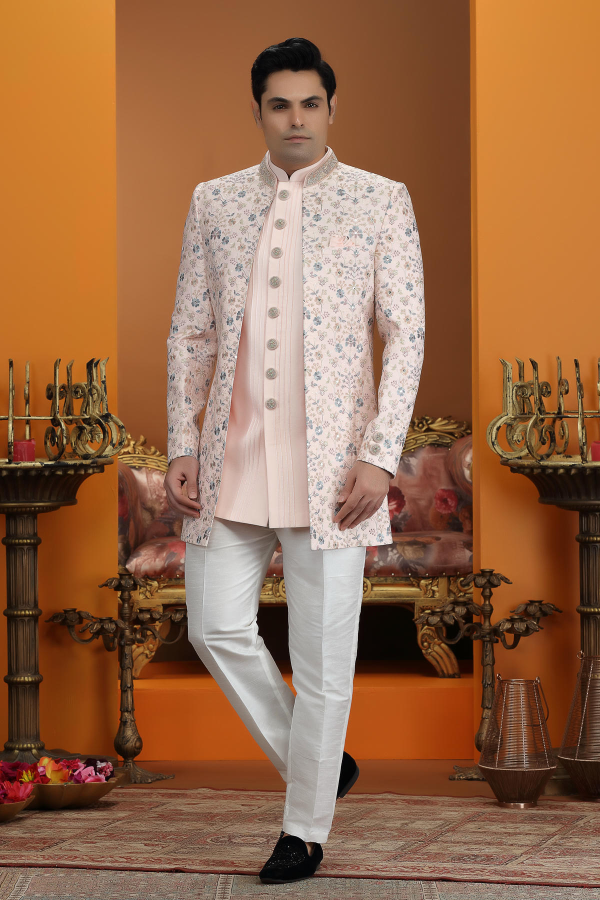 Pink Colour Art Silk Embroidery Work 3 Pcs Jacket Set Sherwani