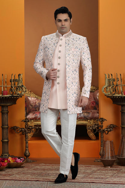 Pink Colour Art Silk Embroidery Work 3 Pcs Jacket Set Sherwani