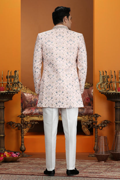 Pink Colour Art Silk Embroidery Work 3 Pcs Jacket Set Sherwani