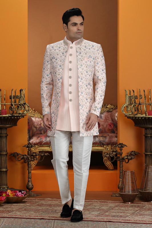 Pink Colour Art Silk Embroidery Work 3 Pcs Jacket Set Sherwani
