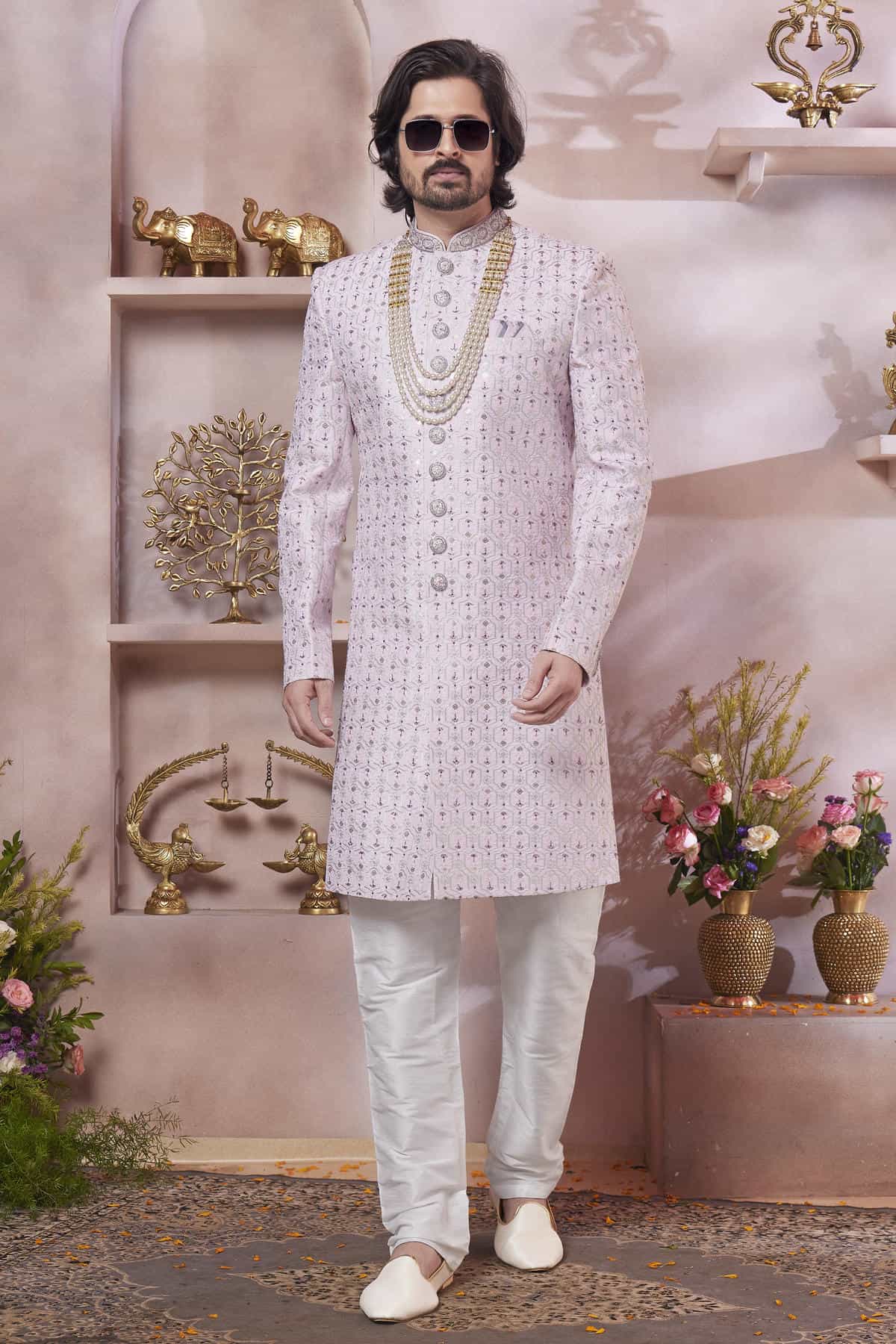 Pink Colour Art Silk Embroidery Work Sherwani