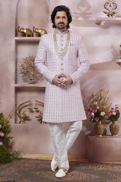 Pink Colour Art Silk Embroidery Work Sherwani