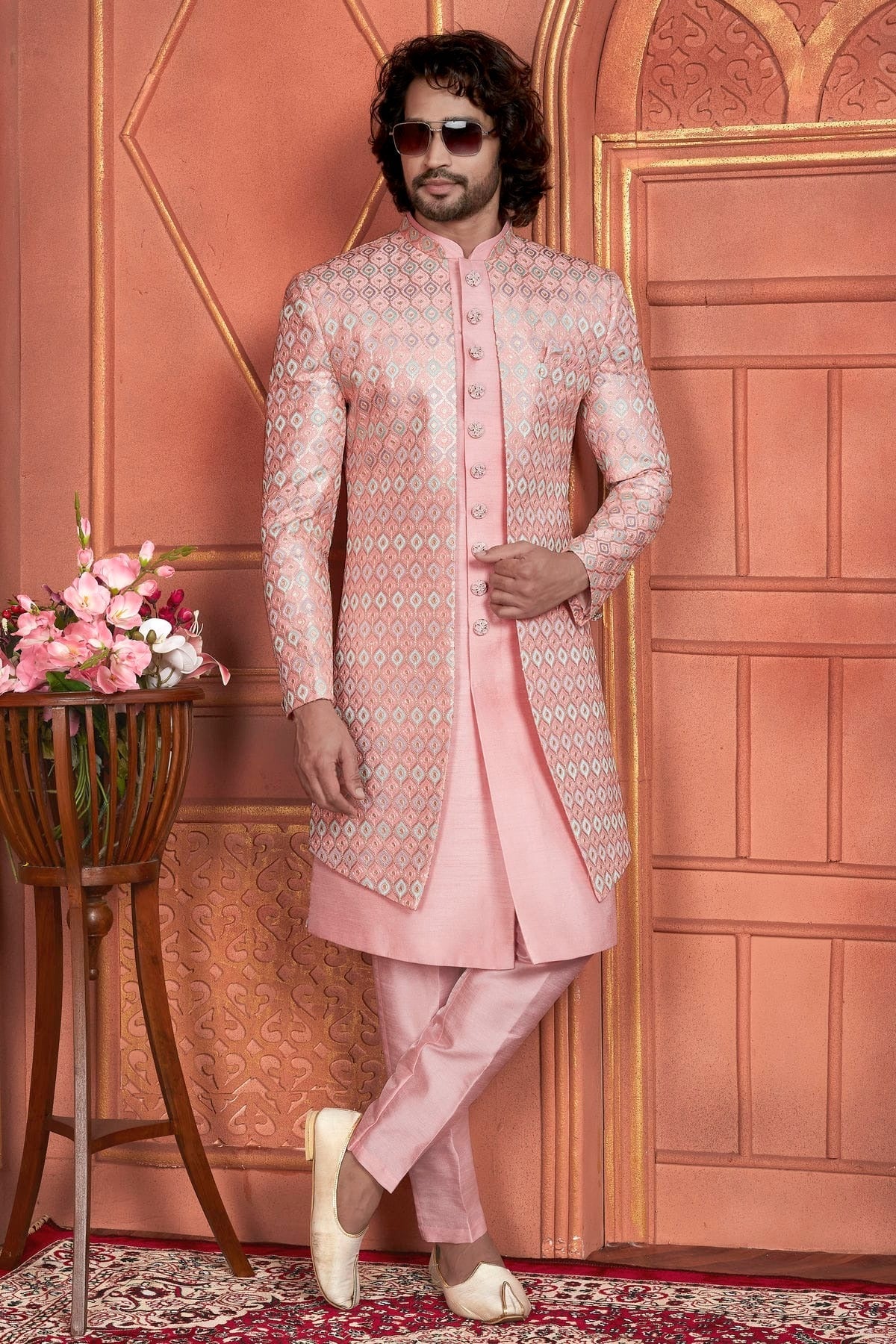 Pink Colour Art Silk Indowestern Sherwani With Aligadhi Pant SH1230006 A