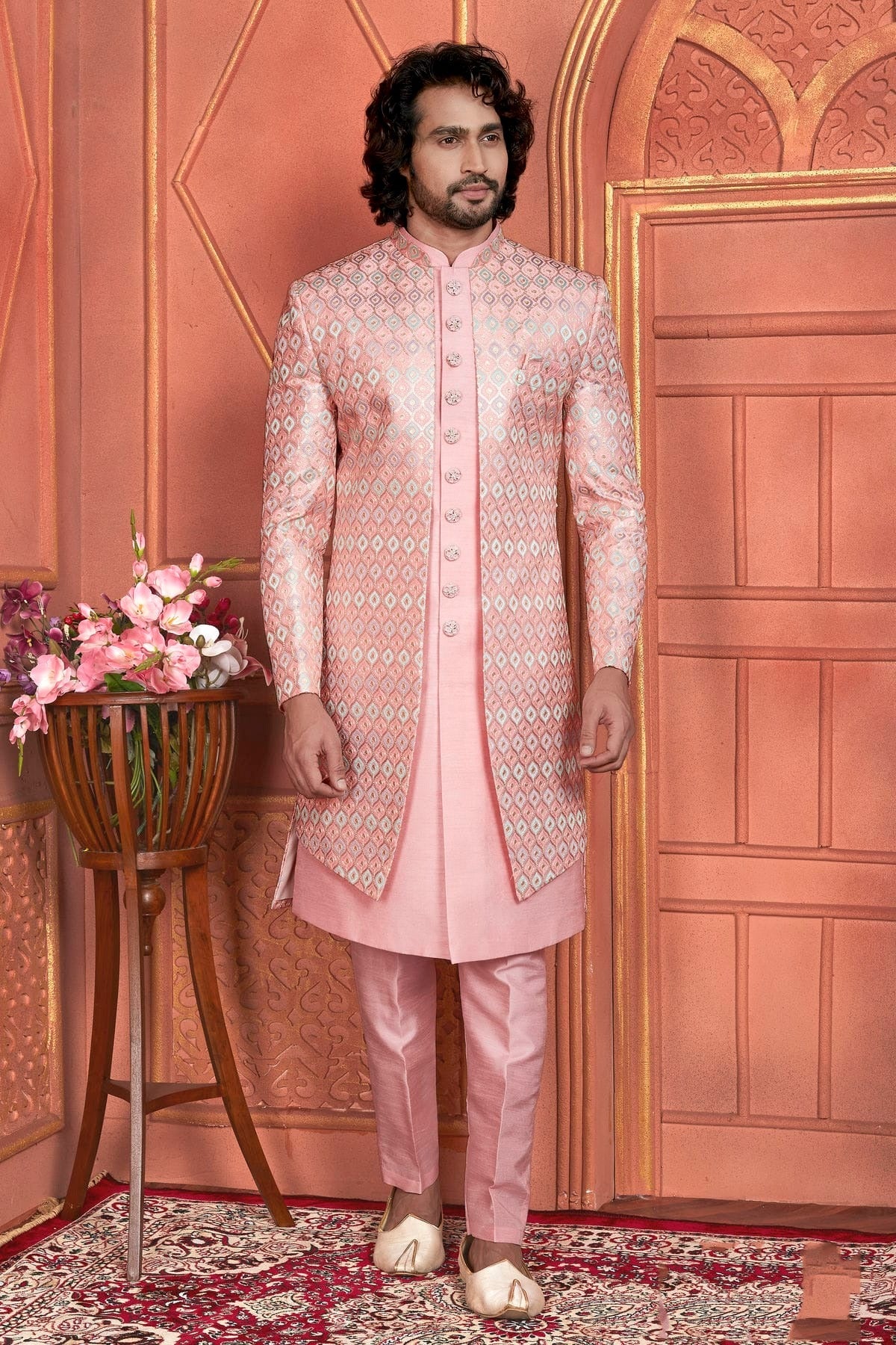 Pink Colour Art Silk Indowestern Sherwani With Aligadhi Pant SH1230006