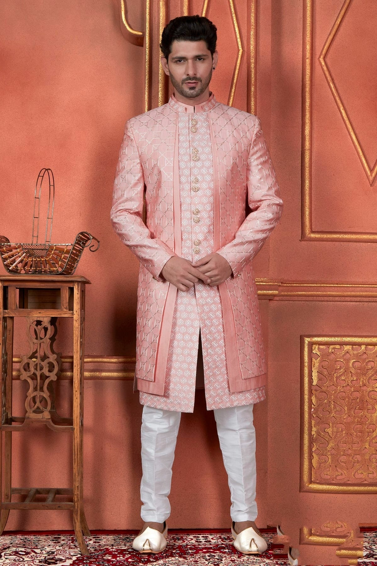 Pink Colour Art Silk Indowestern Sherwani With Aligadhi Pant SH1230086