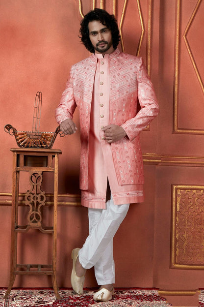 Pink Colour Art Silk Indowestern Sherwani With Aligadhi Pant SH1230093