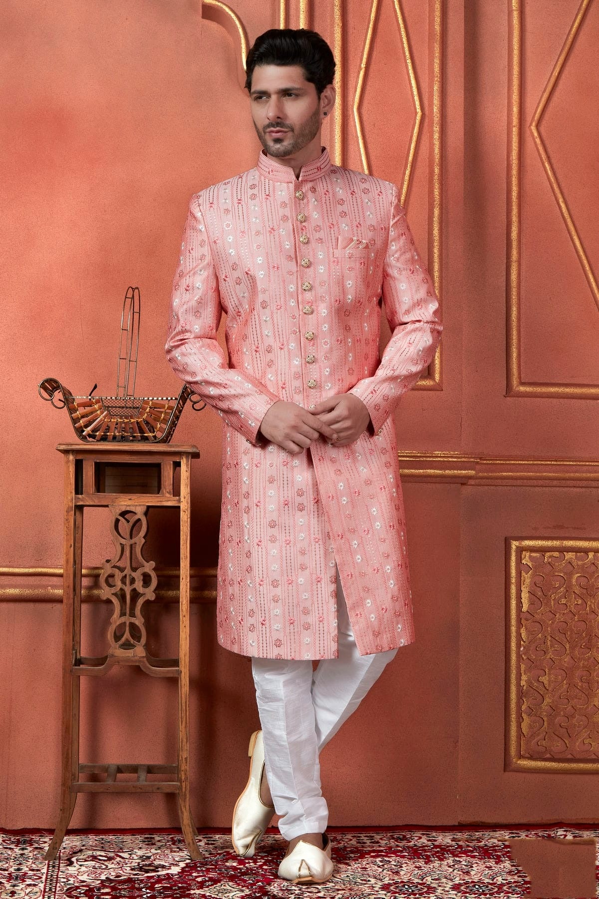Pink Colour Art Silk Indowestern Sherwani With Aligadhi Pant SH1230095