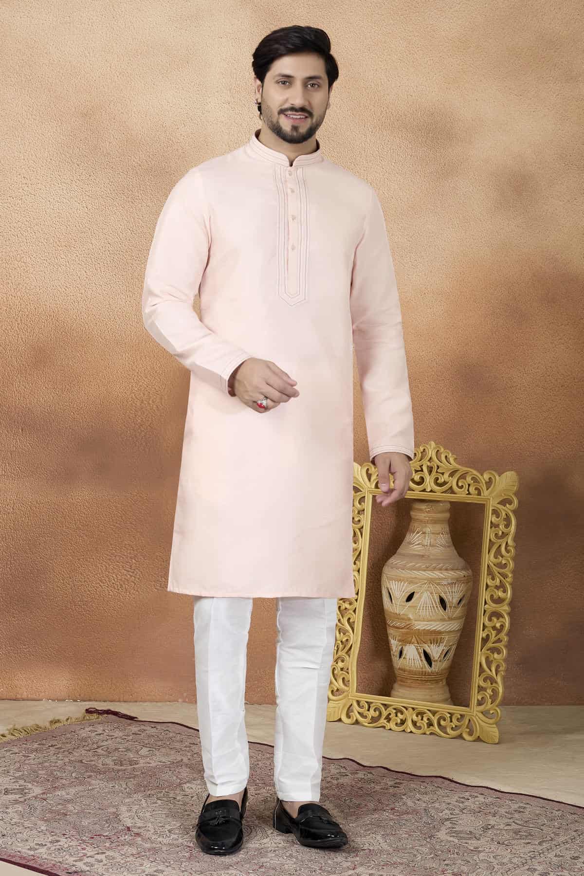 Pink Colour Art Silk Pintux Work Kurta Pajama